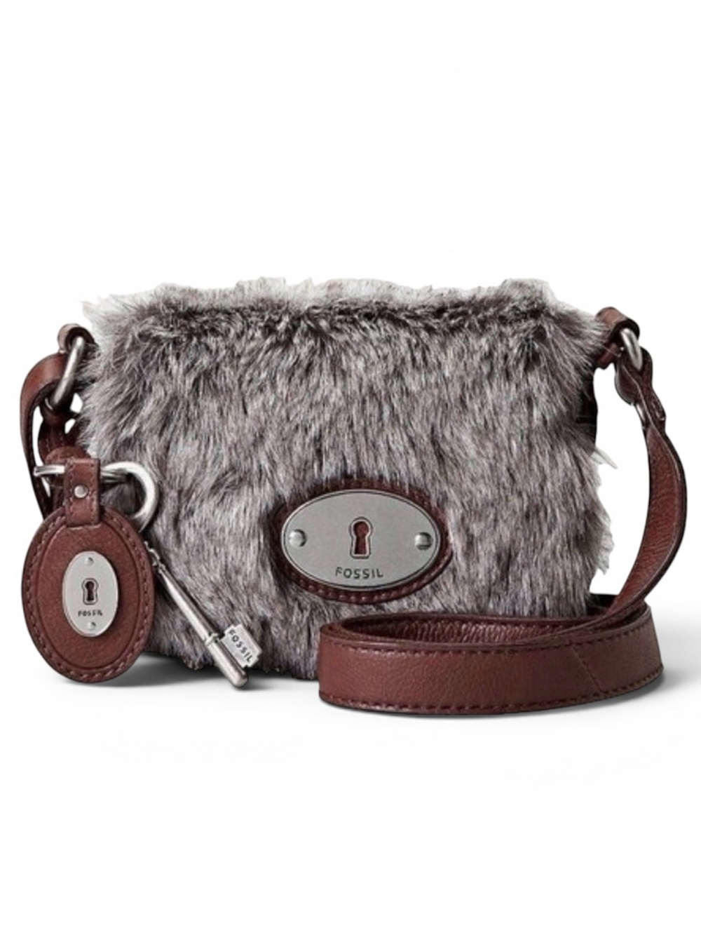 Fossil Long Live Vintage Maddox Faux Fur Gray Brown Crossbody Bag RARE